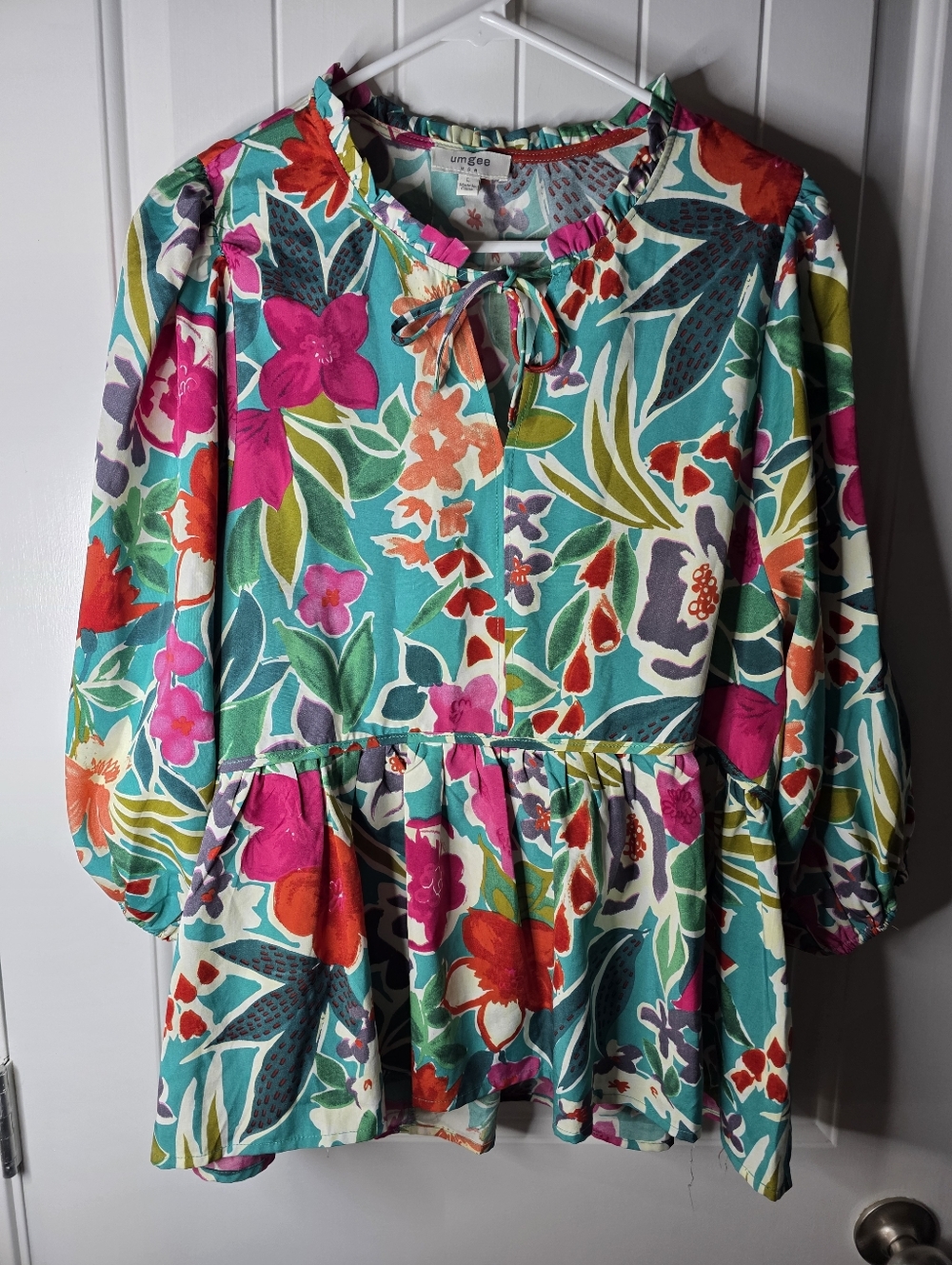 Umgee Teal Floral Peplum Blouse with Pink & Orange Accents